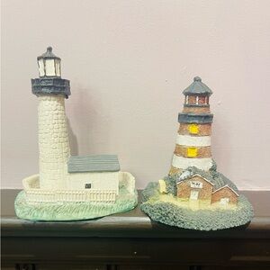 Pair of Decorative Lighthouse Figurines - White & Red-Striped